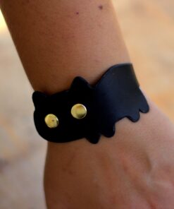 Neko – Tilla Leather Craft [Hakiki Deri, El Yapımı, Karakedi Şekilli] Bileklik